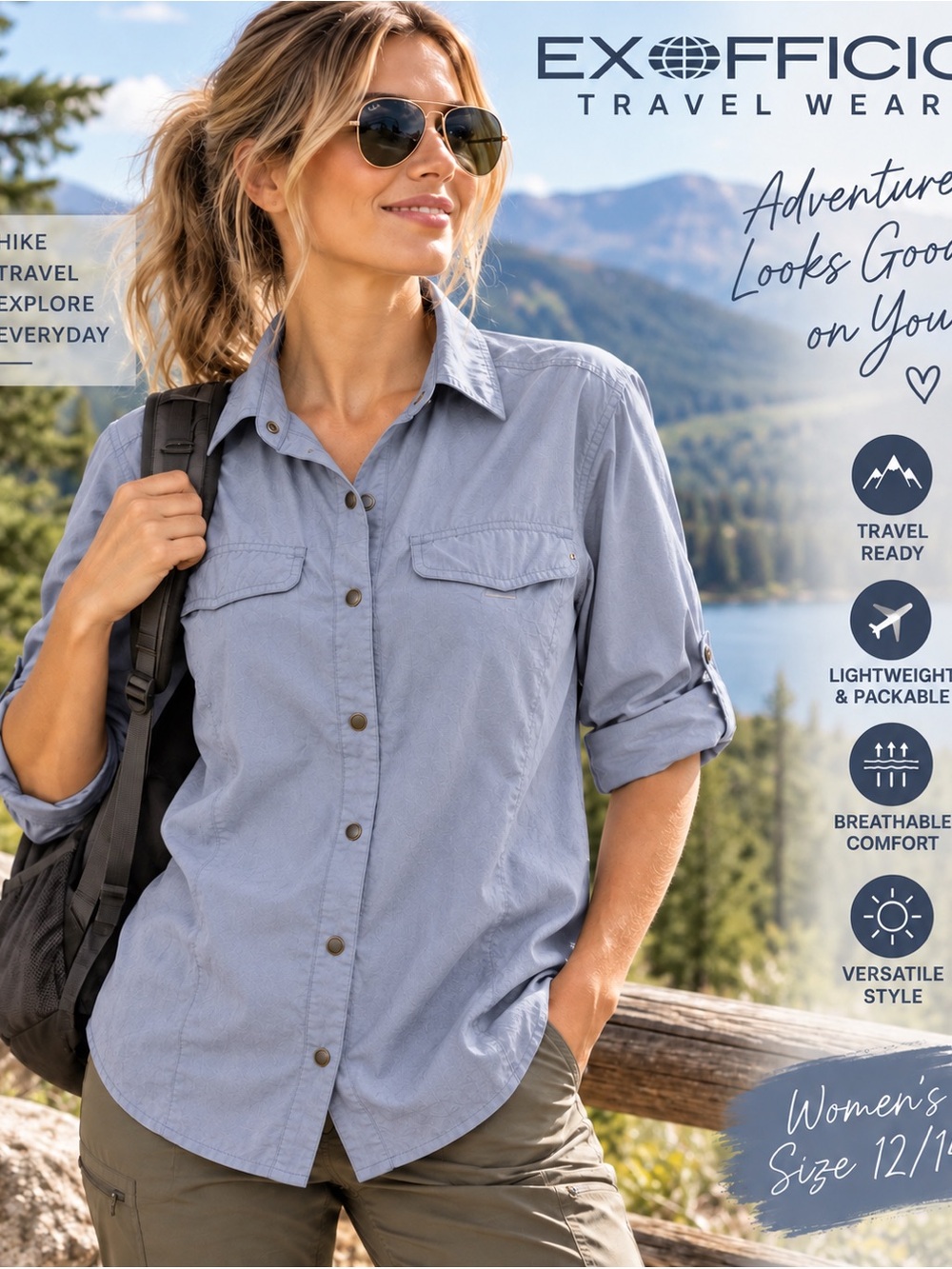 ExOfficio Travel Wear Womens 12/14 Dusty Blue Chambray Hiking Outdoor Shirt
